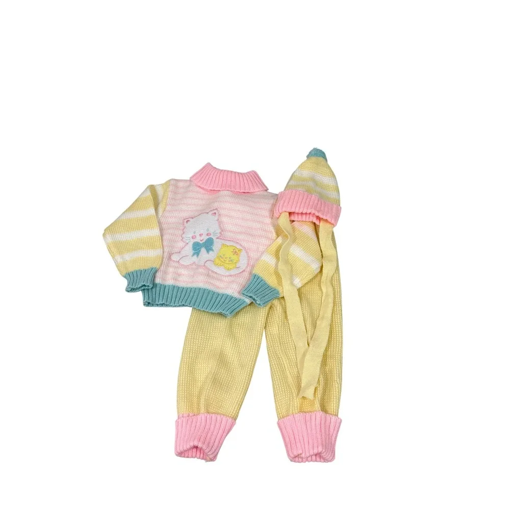 VTG Small Stars Toddler Knit Sweater Set 24M Cat Patch Pastel Yellow Pink
